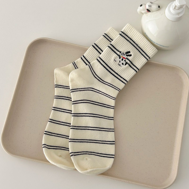 Calcetines con bordado de perro, estilo japonés, rayas divertidas, cómodos para primavera y otoño.