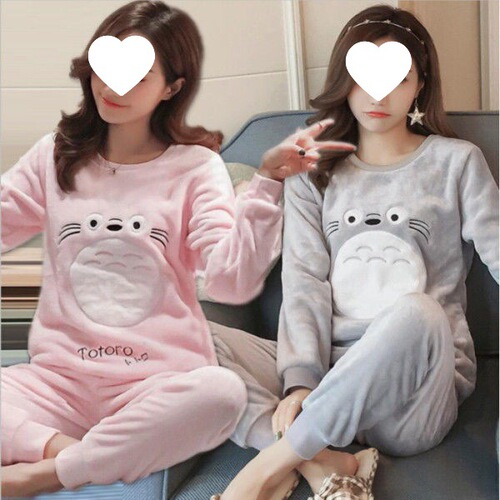 Winter Fall Thick Sleepwear Set for Women with Long Sleeves, Cartoon Student Coral Fleece, Cute Korean Style Homecoming Suit
