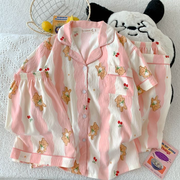 Verano nuevo estilo pijama mujer nube algodón 120g solapa cárdigan pantalones cortos de manga corta pantalones de tres piezas lindo servicio a domicilio