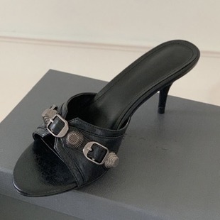 Nice!! Vintage Black Rivet Buckle High Heels Women's Casual All-match Thin Heel Slippers