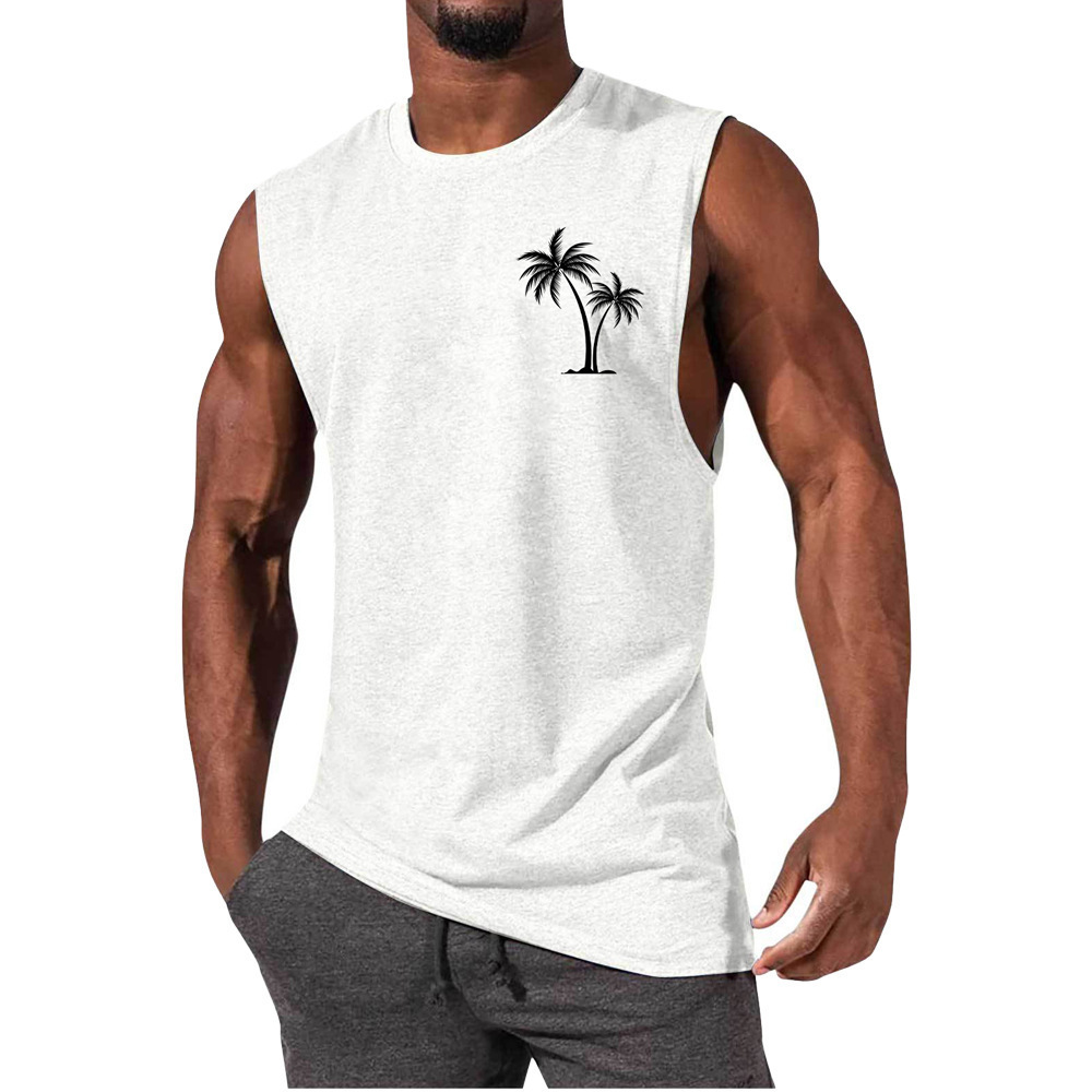 2024 American-Style Coconut Tree Print Vest Men's Sports Loose Sleeveless T-Shirt Summer Versatile Outerwear Wg2