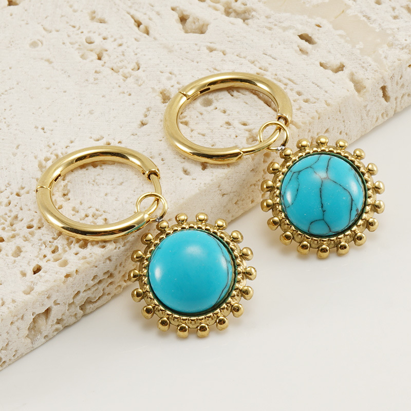 1 Pair Quantity Daily Occasion 1 Pair Retro Round Water Droplets Snake Inlay 304 Stainless Steel Artificial Gemstones Turquoise 18K Gold Plated Stainless Steel Earrings