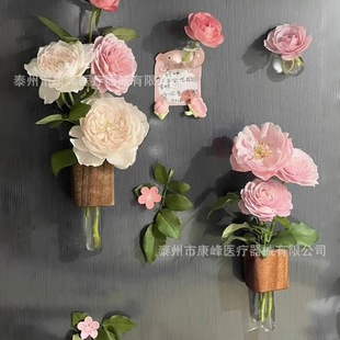 High-End Solid Wood Flower Arrangement Magnetic Refrigerator Magnet 2025 New Creative Decorative Magnet Test Tube Vase