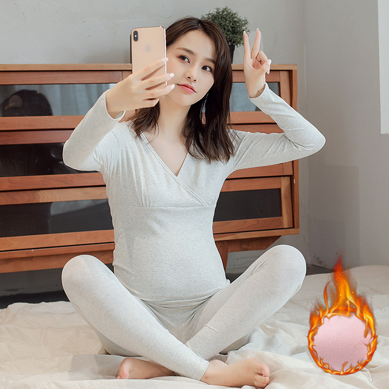겨울 임산부 옷 플러스 벨벳 두꺼운 따뜻한 수유 가을 옷 가을 바지 세트 잠옷 산후 옷 두 조각 세트