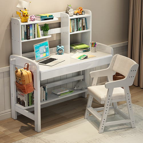 Light luxury all-solid wood children's desks and chairs, the table can be raised and lowered, Nordic household simple computer desk, desk and bookshelf combination