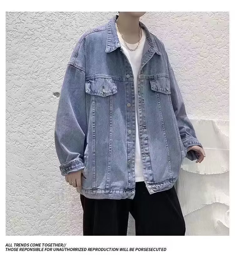 1 Men's Denim Jacket Autumn New Hong Kong Loose Japanese American Style Coat Top_viptrois.com