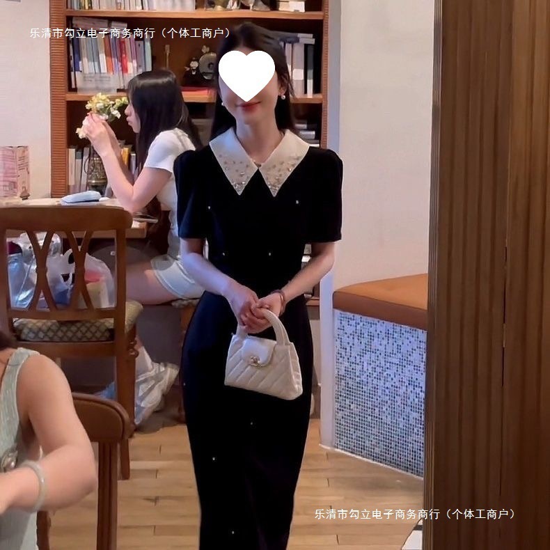 法式黑色带钻赫本风收腰显瘦连衣裙2025年春夏季新款重工小黑裙|undefined