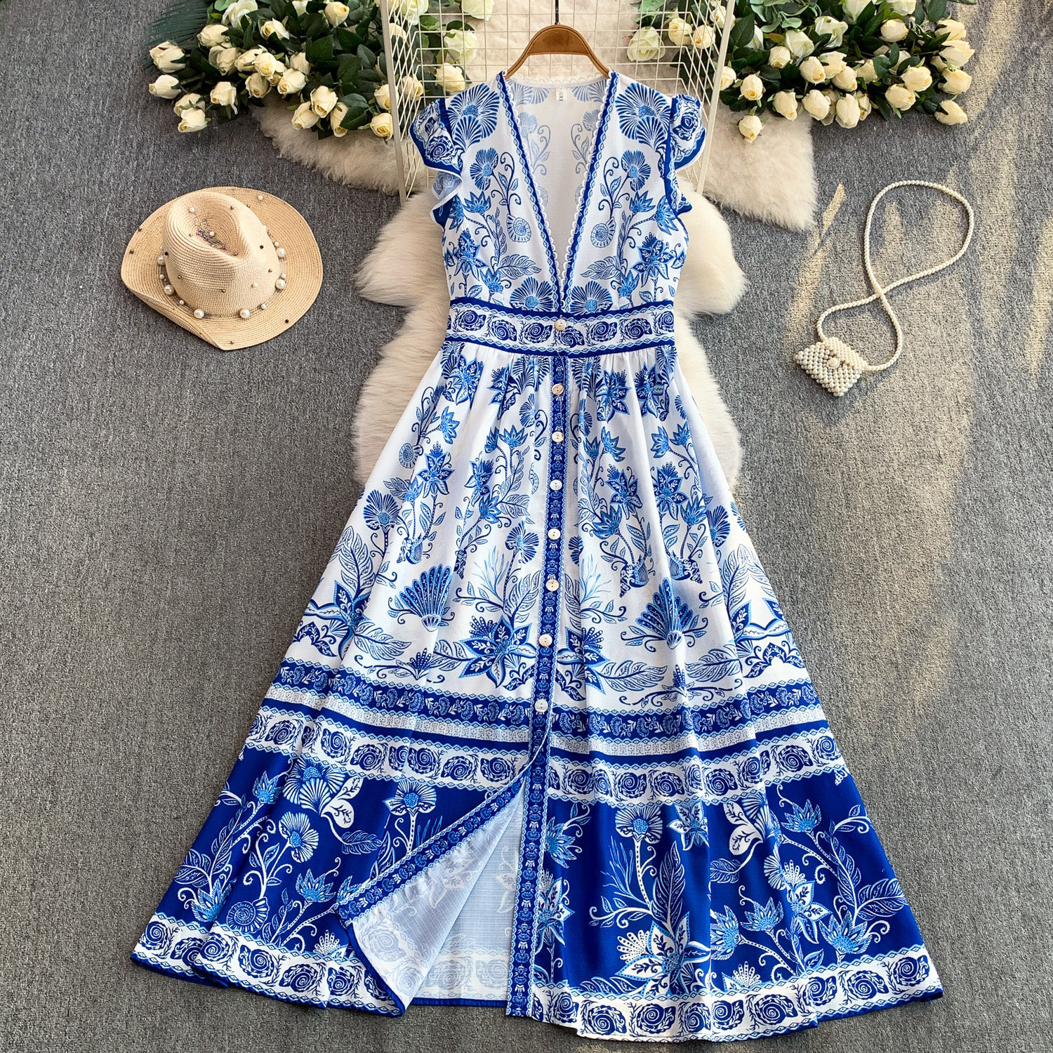 Women's European American Retro V Neck Dress Lace Trimmed Floral Print Fitted Waist Long Skirt Elegant Spring Autumn Wear_ecoleips.com
