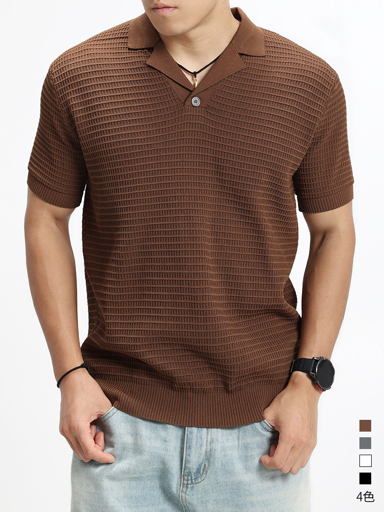 2026 nuevo viejo dinero hombre waffle polo camisa de punto hombre con solapa de manga corta de alto nivel de negocios casual hombre