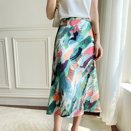 Spring and Summer 2025 New Oil Painting Style A-line Skirt for Women, Elegant Drape Knee-length Medium-length Skirt, Retro High-waisted Semi-skirt