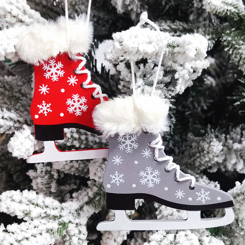 Christmas decoration Nordic Christmas snow sleigh plush hollow wooden hanging ornament Christmas tree decoration ice skates ornament