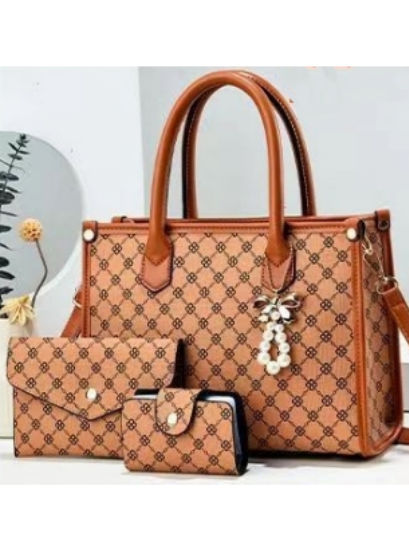 Elegant, Basic Style Square Shape Women's PU Flower Argyle Elegant Basic Sewing Thread Square Zipper Bag Sets