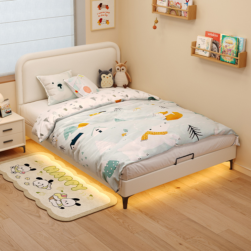 Pure Solid Wood Cream-Style Children's Bed with Thin Headboard, Silent Solid Wood Bed for Small Apartments, Space-Saving Silent Master Bedroom Leather Bed