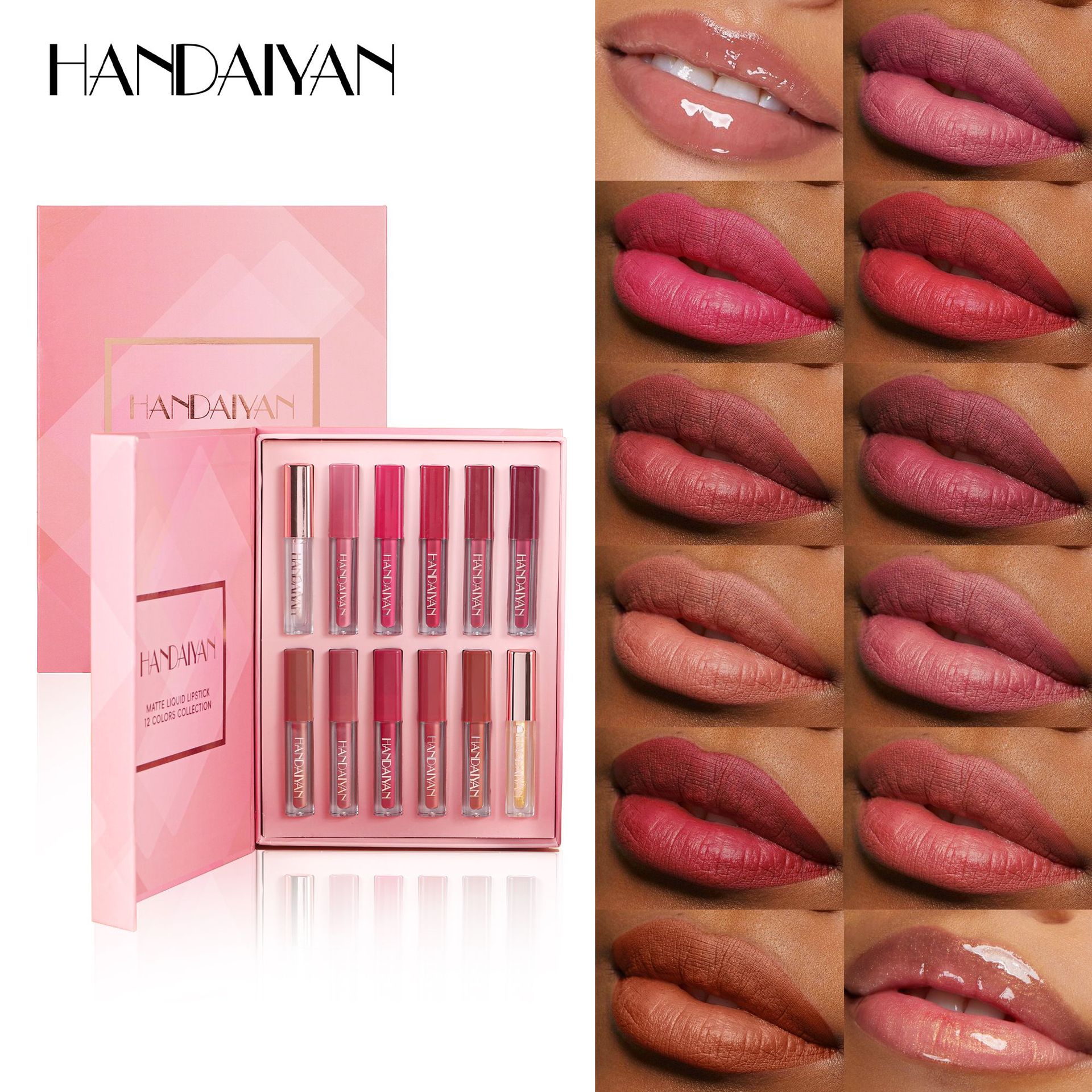 Juego de esmalte de labios transfronterizo tubo cuadrado brillo de labios HANDAIYAN juego de esmalte de labios mate nacarado impermeable y fácil de colorear