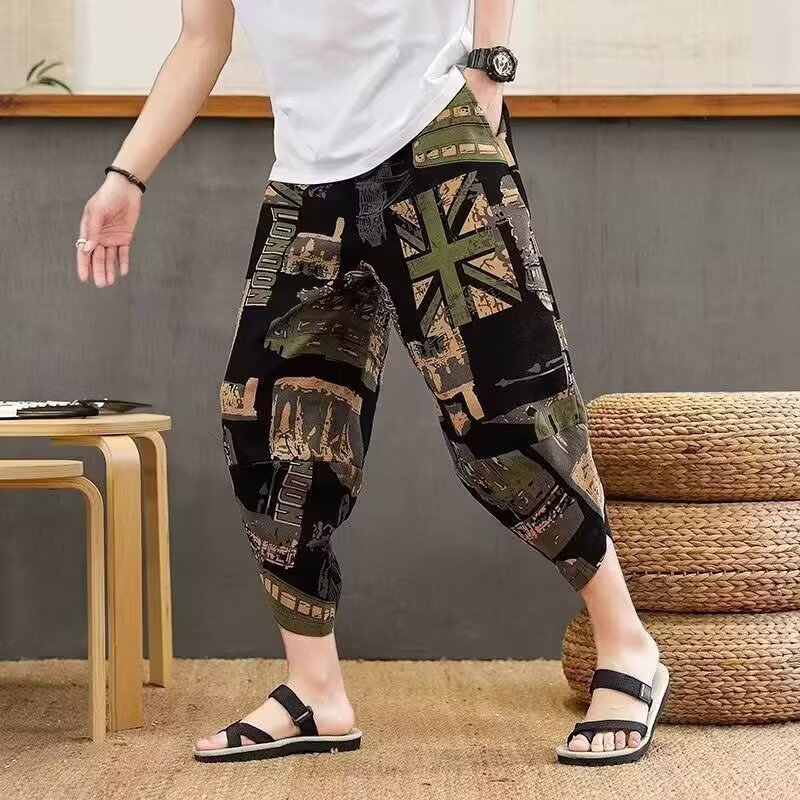 夏季古风男7分裤休闲大码宽松中国风运动哈伦裤马裤嘻哈学生裤男