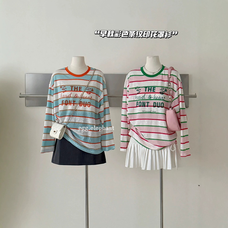 Korean-style color-block striped letter print sun-protective cover-up for women, new early autumn loose-fitting inner layer, casual long-sleeve Korean-style color-block striped letter print sun-protective cover-up for women, new early autumn loose-fitting inner layer, casual long-sleeve