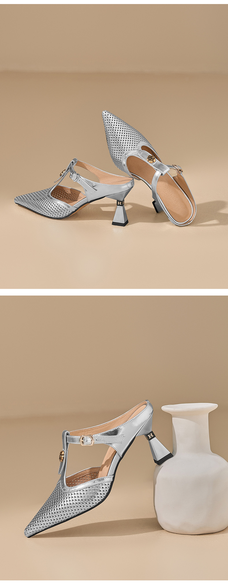 Sandal cao gót nữ quai chữ T mũi nhọn hở mũi, gót 7 cm — màu vàng chi tiết 10