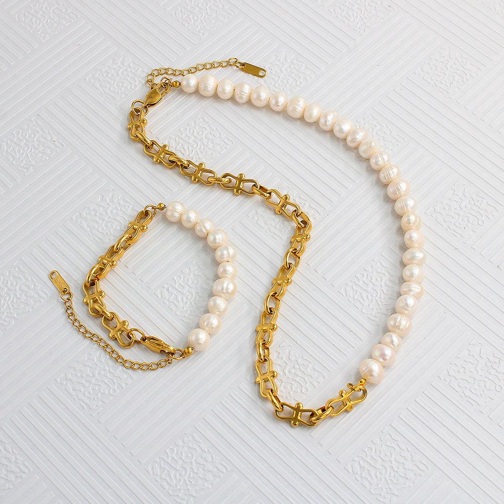 Fashion Color Block Pearl Titanium Steel Plating Bracelets Necklace 1 Piece