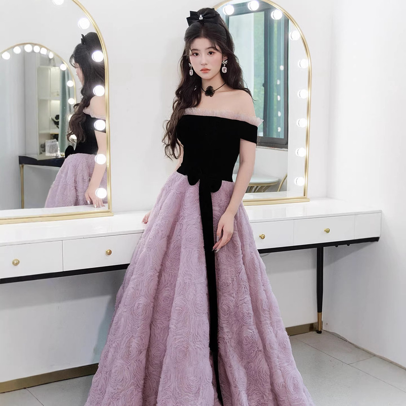 Purple Floral Off-Shoulder Bridal Toast Dress for Foreign Trade, Suitable for Art Exams, Coming-Of-Age Ceremonies, European and American Style Prom Evening Dresses, Factory Direct