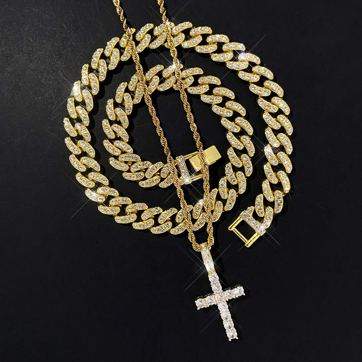 Cuban Link Chain Curb Chain, Twisted Rope Chain Chain Type Hip-Hop Cross Zinc Alloy Plating Inlay Rhinestones Unisex Pendant Necklace Necklace Men Layered Necklaces