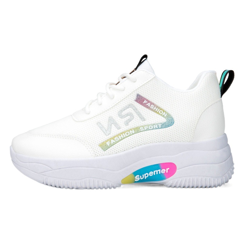 Zapatos casuales de mujer para otoño, zapatillas blancas transpirables de punto con suela gruesa, a la moda, para exteriores, versión coreana, con aumento de altura, venta al por mayor.