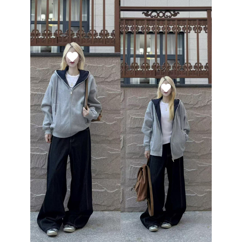灰色撞色卫衣外套女秋冬2025新款宽松慵懒风韩系穿搭开衫上衣女装|undefined