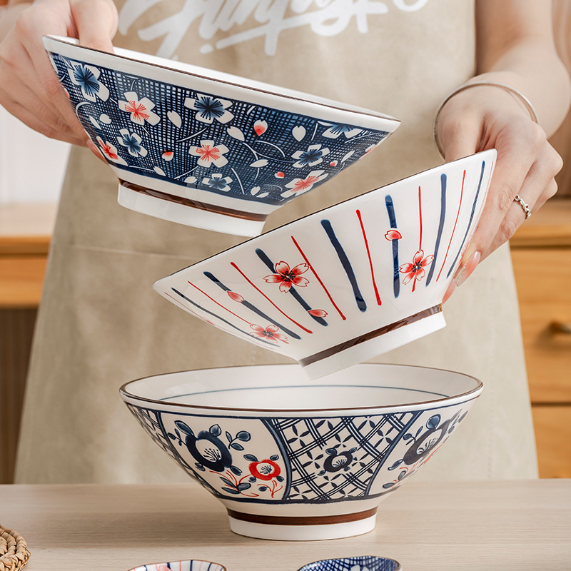 日式斗笠碗家用陶瓷高脚米饭碗面碗创意吃饭碗水果碗沙拉碗现货