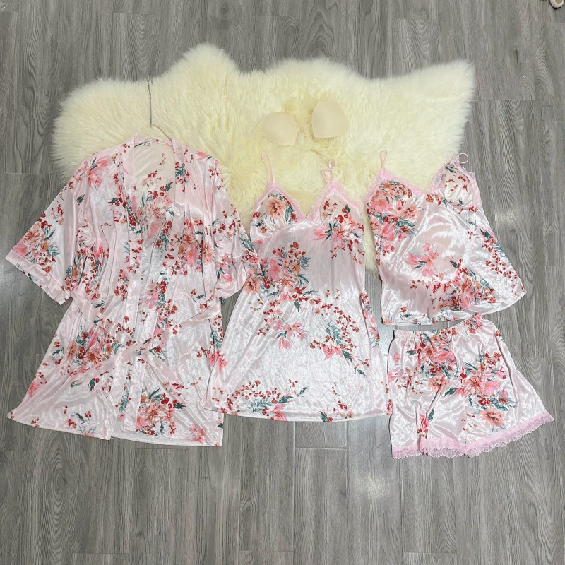 Silk four-piece women's lingerie set — bathrobe, push-up cami with cups, suspender, floral
