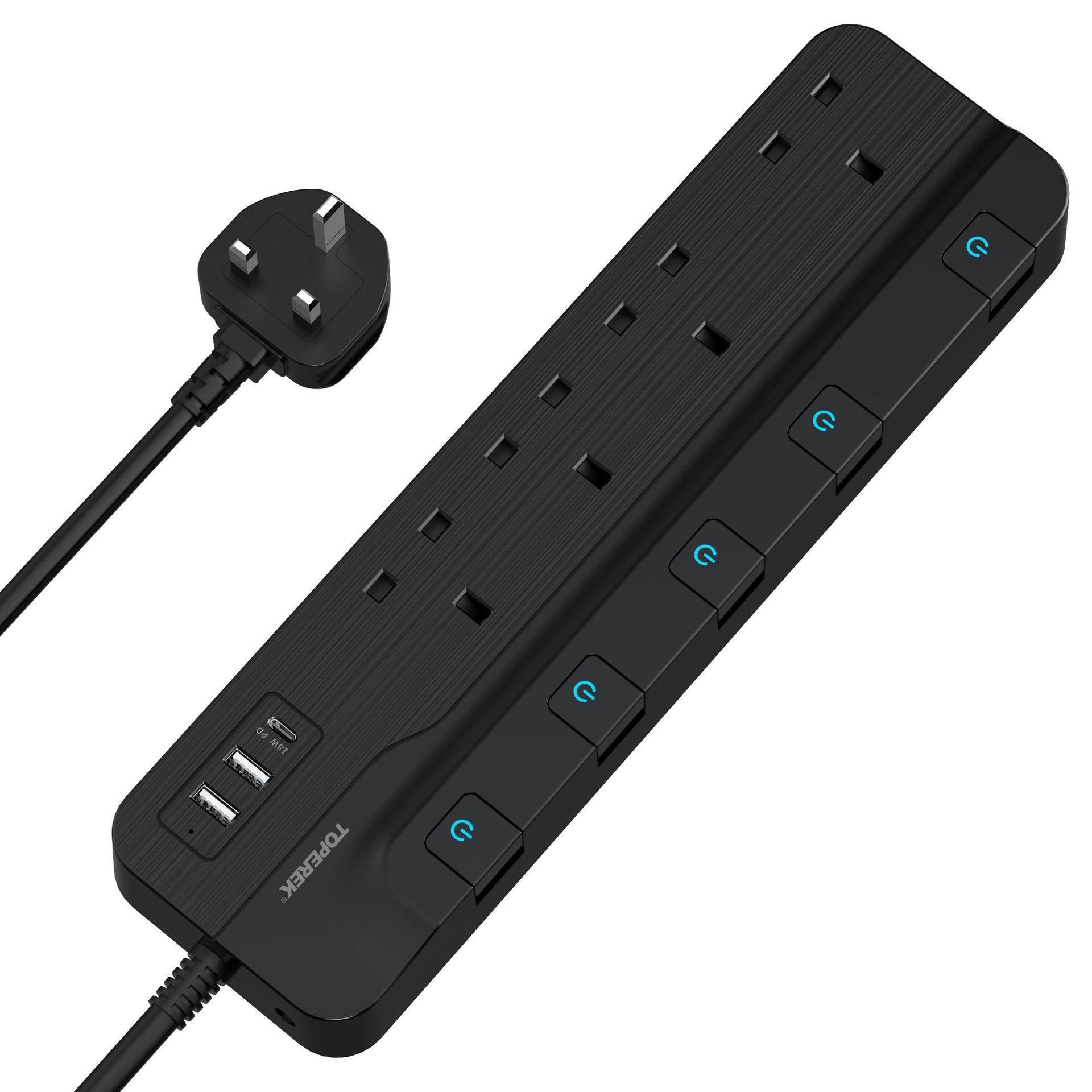 TOPEREK多功能大功率英规平板排插插座带独立开关按键USB-C PD18W