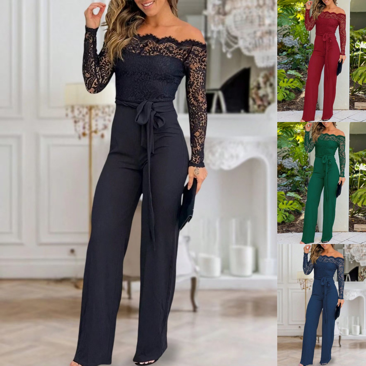 European and American 2025 Amazon Autumn and Winter Export Hot-Selling Women's Lace One-Line Collar Trouser Leg Jumpsuit for Women