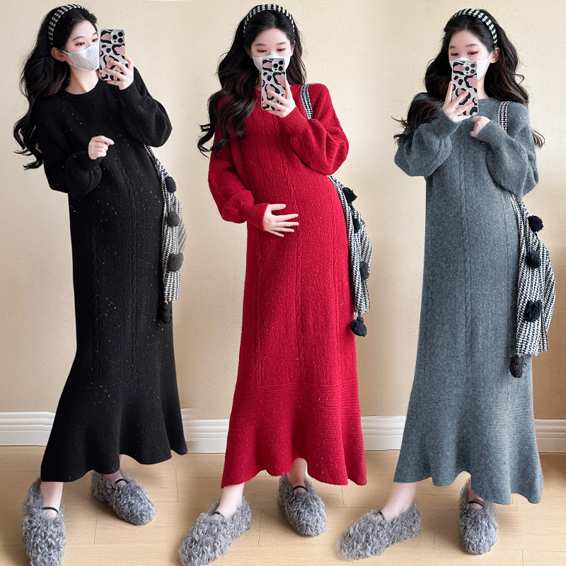 2026 Autumn/Winter Christmas Shimmering Thickened Elegant Slimming Knitted Sweater Maternity Wear Mermaid Long Dress