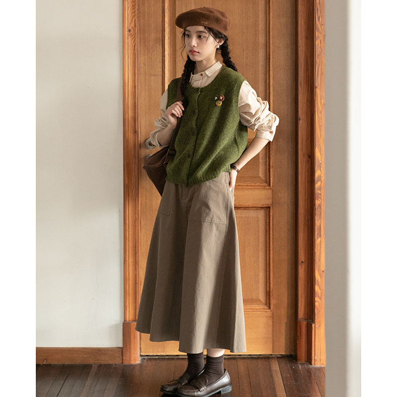 Autumn Japanese retro green long skirt