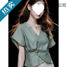 绿色短袖衬衫女2025新款夏季气质小衫收腰高级感独特别致雪纺上衣