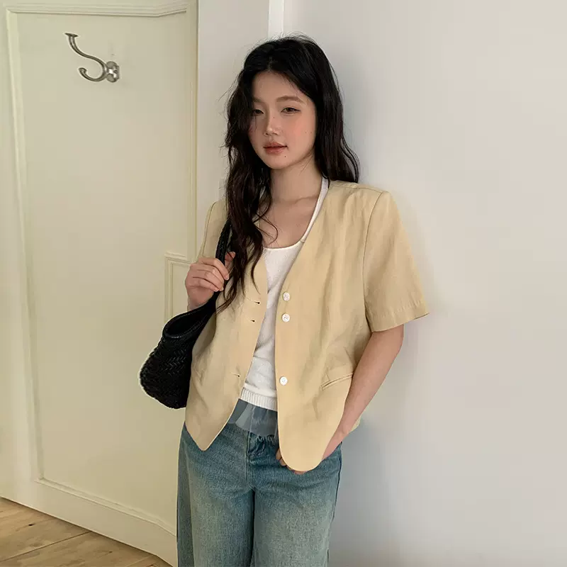 【清仓不退不换】MOXI十三行休闲西装外套女V领短袖外套天丝上衣