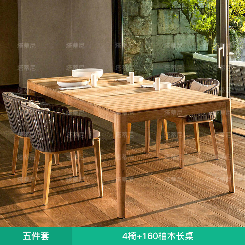 Mesa y sillas de comedor de teca para ocio al aire libre, sillas de ratán de diseño para balcón, muebles nórdicos para jardín y patio al aire libre. image 11