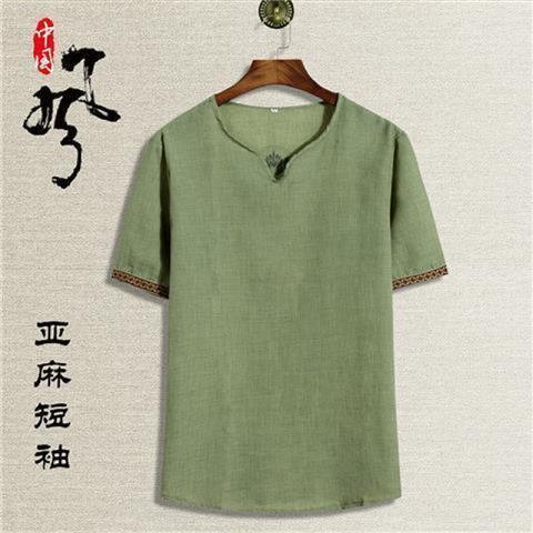 Verano con cuello en V de manga corta de los hombres de algodón transpirable y lino camiseta casual versátil media manga de los hombres retro camiseta delgada superior