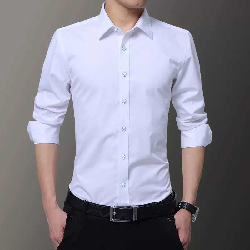 春秋季男士职场衬衫商务薄款长袖纯色衬衣韩版潮上衣服白色男装