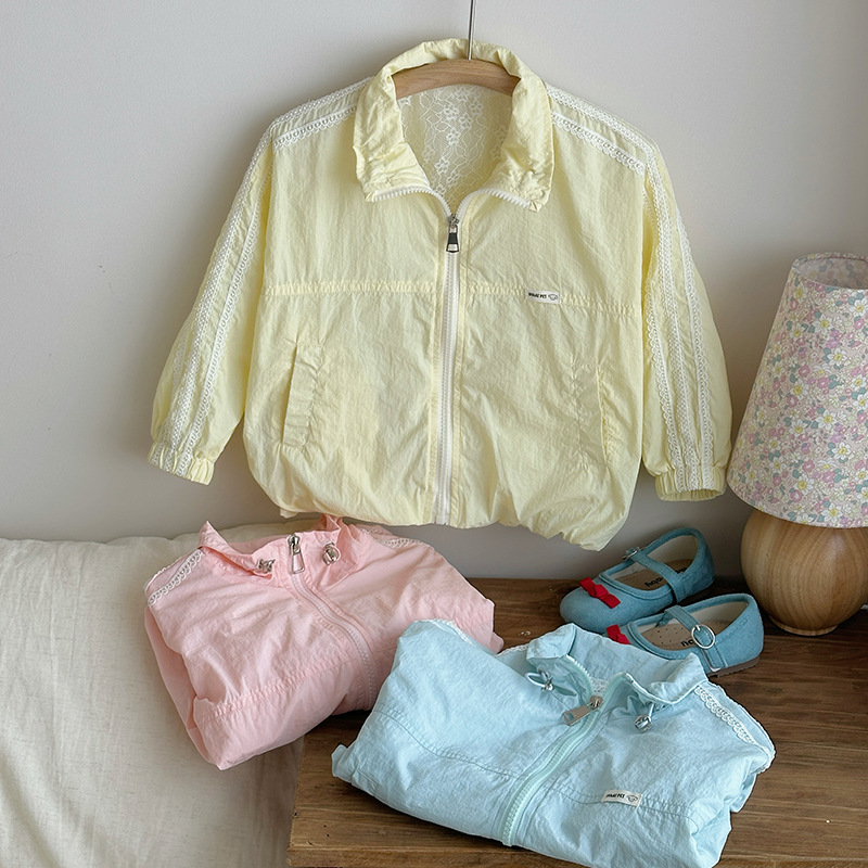 Chaqueta de protección solar para niños para niñas, estilo de verano 2025, nuevos niños, cuello alto, costura, chaqueta de encaje, ropa de piel fresca image 8