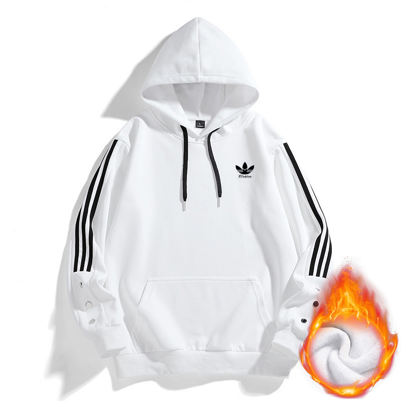 Three-Leaf Clover Brand Fleece-Lined Hooded Sweatshirt with Three Stripes, Loose Casual Sports Jacket, Trendy Brand Sweatshirt with Any Logo Three-Leaf Clover Brand Fleece-Lined Hooded Sweatshirt with Three Stripes, Loose Casual Sports Jacket, Trendy Brand Sweatshirt with Any Logo