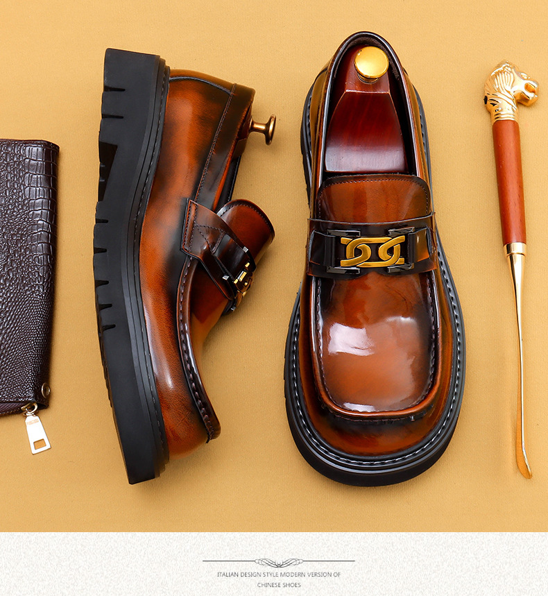 Foreign trade popular big toe leather shoes men's genuine leather glossy business casual fashion wide foot platform slip-on formal wear shoes_vogvips.com