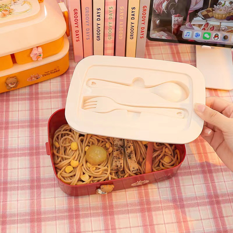 Lonchera japonesa estilo bento para estudiantes, juego de vajilla, lonchera de plástico de doble capa, lonchera apta para microondas, lonchera para estudiantes