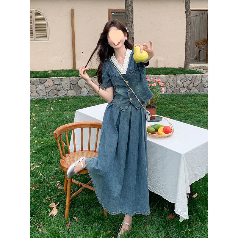 韩系穿搭牛仔套装裙女夏季2025年新款泡泡袖领上衣半身裙两件套|undefined