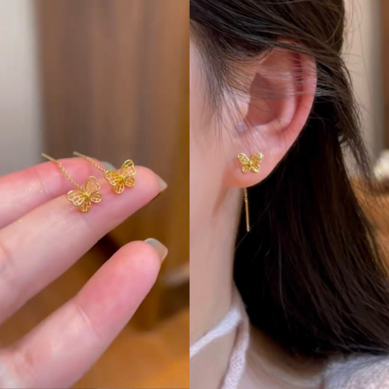 New Chinese Style Retro Gold Cut Out Butterfly Tassel Earrings Niche Design Sense of Design Accessible Luxury Earrings