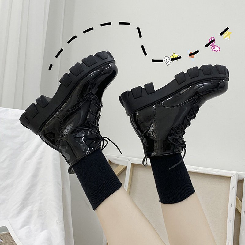 Black Platform Biker Boots For Women Breathable British Style_voghion.com