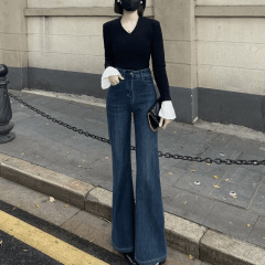 复古洗水蓝直筒微喇牛仔裤子女2025弹力高腰显瘦时尚百搭拖地长裤