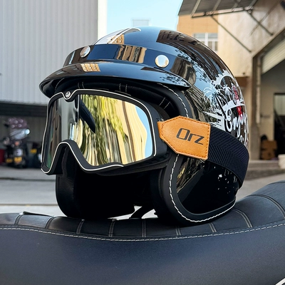 and women's 3C certification 3/4 helmet, Motosiklet dəbilqələri - m-bright-black-coconut-island-style-retro-black-silver-goggles