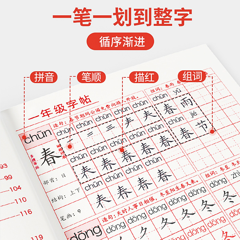 Cat Prince Copywriting and Calligraphy Practice Book for Primary School Students, Synchronous with 1-6 Grade Textbooks, Copywriting and Red Ink Practice Book