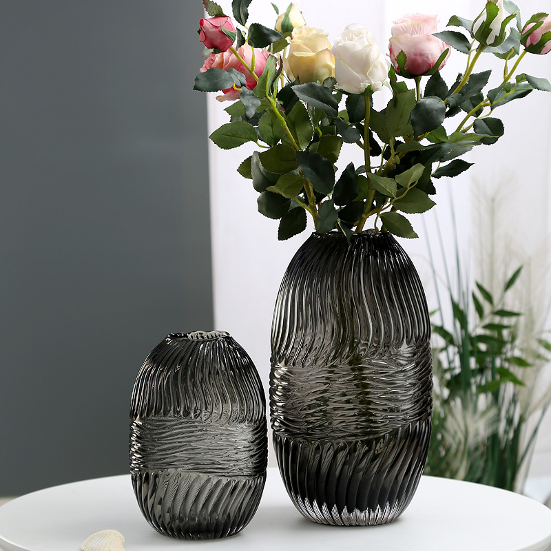 New European-style gray glass vase, large size, for water cultivation of fresh flowers, creative living room home decor, decorative item