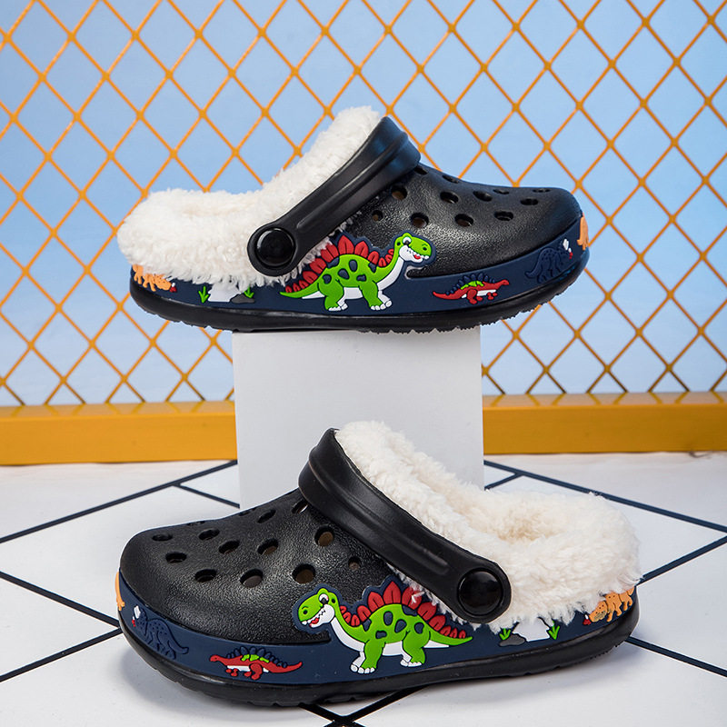 Giày clog trẻ em lót lông tháo rời họa tiết hoạt hình — —6 màu hồng, —6 màu đen, —6 xanh dương