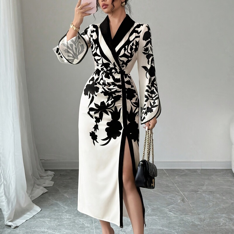 Amazon Foreign Trade Women's Dress for Autumn and Winter, French Elegant Floral Print Cross-Neck Slit Long Dress